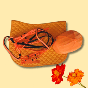 Oranges Reitset mit Schabracke, Zaumzeug & Reithelmüberzug